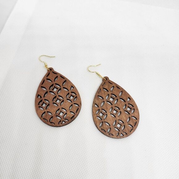 Boho Tribal Teardrop Dangle Chandelier Earrings Wood Cutout Sterling Silver Hook - Picture 2 of 7